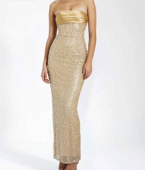 STRAPLESS gold midi dress